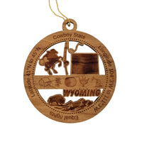 Wyoming Wood Ornament - WY Souvenir - Handmade Wood Ornament Made in USA State Shape Cowboy Fishing Pole Tent Buffalo Bison Oil Drill