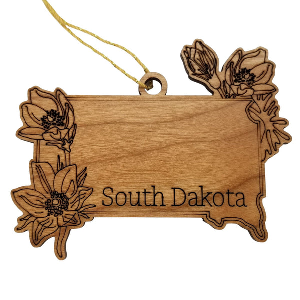 South Dakota Wood Ornament -  SD State Shape with State Flowers American Pasque - Handmade Wood Ornament Made in USA Christmas Decor