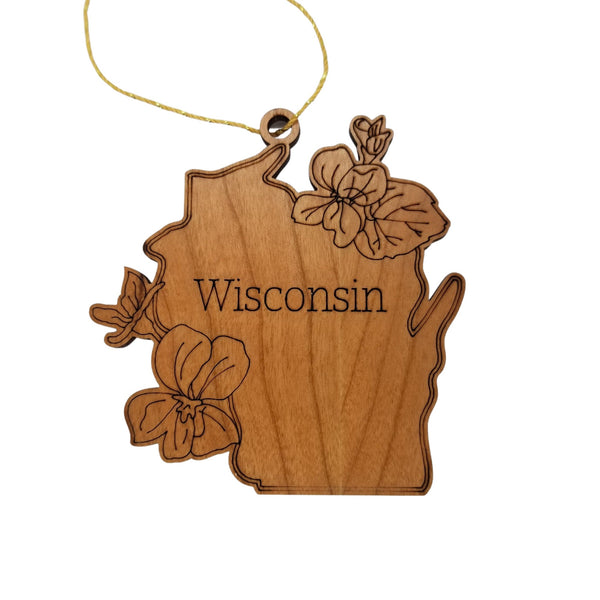 Wisconsin Wood Ornament -  WI State Shape with State Flowers Wood Violet Blue Violet - Handmade Wood Ornament Made in USA Christmas Decor