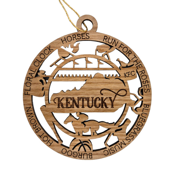 Kentucky Wood Ornament -  KY Souvenir - Handmade Wood Ornament Made in USA - State Shape - Grill - Moonshine Jug - Louisville Slugger