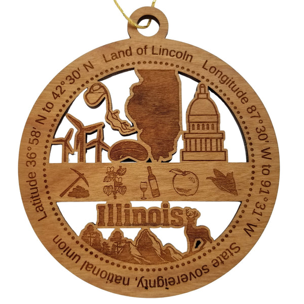 Illinois Wood Ornament -  IL Souvenir - Handmade Wood Ornament Made in USA State Shape Wind Turbines Capitol Building Mining Wine Deer