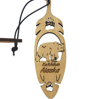 Ketchikan Alaska Bear Christmas Ornament Wood Laser Cut Handmade in USA Souvenir Memento Feather 5.375" Travel Gift AK Leaf