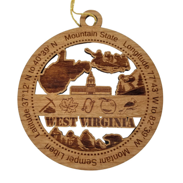 West Virginia Wood Ornament -  WV Souvenir  - Handmade Wood Ornament Made in USA State Shape Skiing Capitol Building Rowing Boating