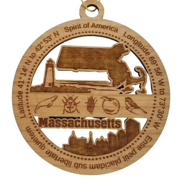 Massachusetts Wood Ornament - MA Souvenir - Handmade Wood Ornament Made in USA State Shape Lighthouse Whale Apple
