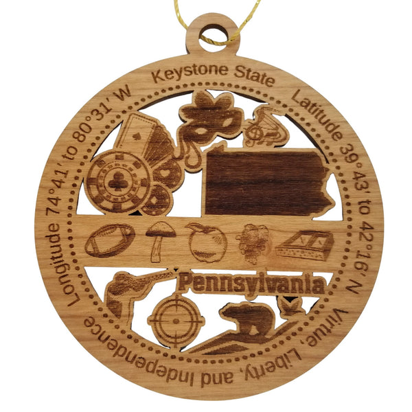 Pennsylvania Wood Ornament - PA Souvenir - Handmade Wood Ornament Made in USA State Shape Gambling Cards Mask Music Football Mushroom