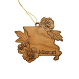 Missouri Wood Ornament -  MO State Shape with State Flowers Hawthorn Blossom - Handmade Wood Ornament Made in USA Christmas Decor