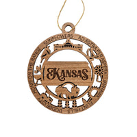 Kansas Wood Ornament -  KS Souvenir Handmade Wood Ornament Made in USA - State Shape - State Capitol - Western Meadowlark - Grill - Tractor