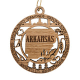 Arkansas Wood Ornament - AR Souvenir - Handmade Wood Ornament Made in USA State Shape Diamonds Hot Springs Hunting Fishing