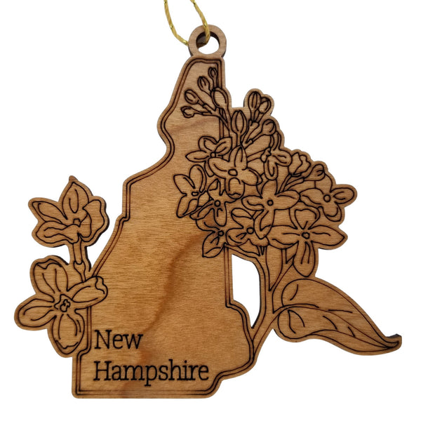 New Hampshire Wood Ornament -  NH State Shape with State Flowers Purple Lilacs - Handmade Wood Ornament Made in USA Christmas Decor