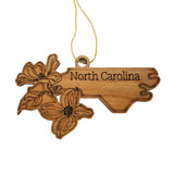 North Carolina Wood Ornament -  State Shape with State Flowers Flowering Dogwoods NC - Handmade Wood Ornament Made in USA Christmas Decor