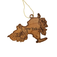 New York Wood Ornament -  NY State Shape with State Flowers Roses - Handmade Wood Ornament Made in USA Christmas Decor