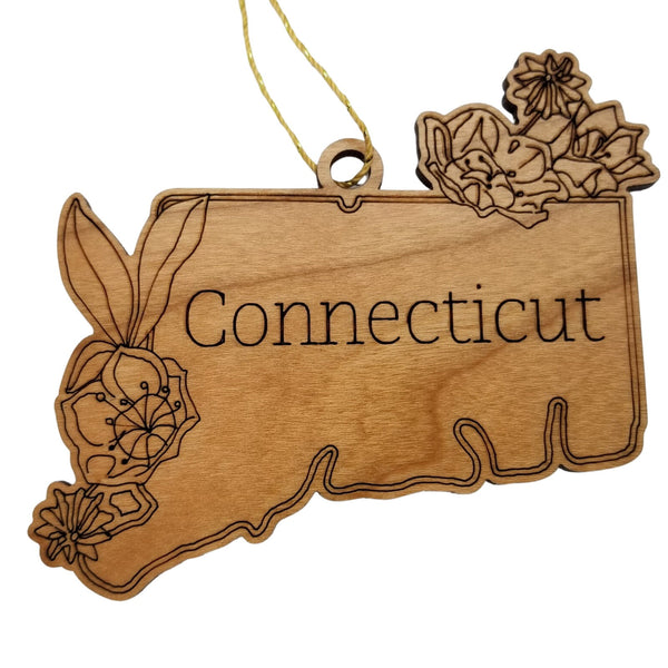 Connecticut Wood Ornament -  CT State Shape with State Flowers Mountain Laurel - Handmade Wood Ornament Made in USA Christmas Decor