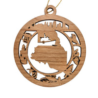 Maine Wood Ornament - ME State Souvenir - Handmade Wood Ornament Made in USA State Shape Skyline Chickadee Berries Pine Tree