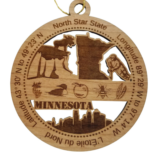 Minnesota Wood Ornament - MN Souvenir - Handmade Wood Ornament Made in USA State Shape Moose Hockey Duck Apple Bee