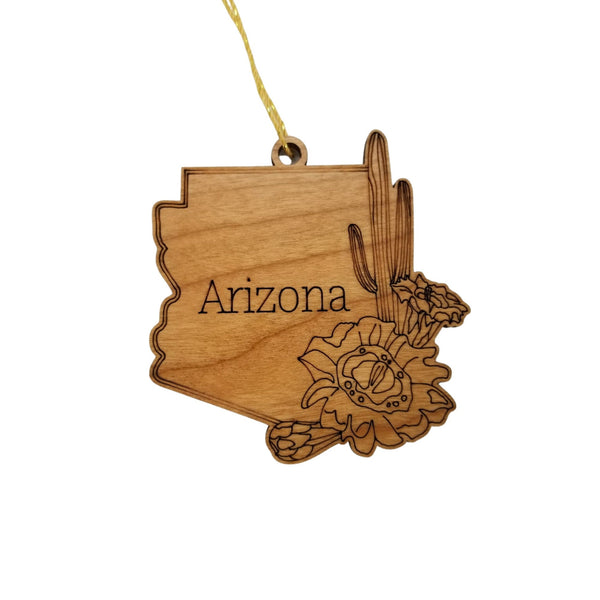 Arizona Wood Ornament -  AZ State Shape with State Flowers Saguaro Cactus Blossoms - Handmade Wood Ornament Made in USA Christmas Decor