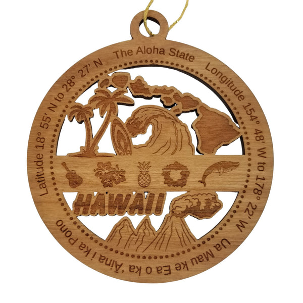 Hawaii Wood Ornament - HI  Souvenir - Handmade Wood Ornament Made in USA State Shape Palm Trees Wave Surfboard Ukulele Volcano Hibiscus