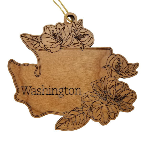 Washington Wood Ornament -  WA State Shape with State Flowers Rhododendron - Handmade Wood Ornament Made in USA Christmas Decor