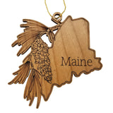 Maine Wood Ornament -  ME State Shape with State Flowers White Pine Cone - Handmade Wood Ornament Made in USA Christmas Decor