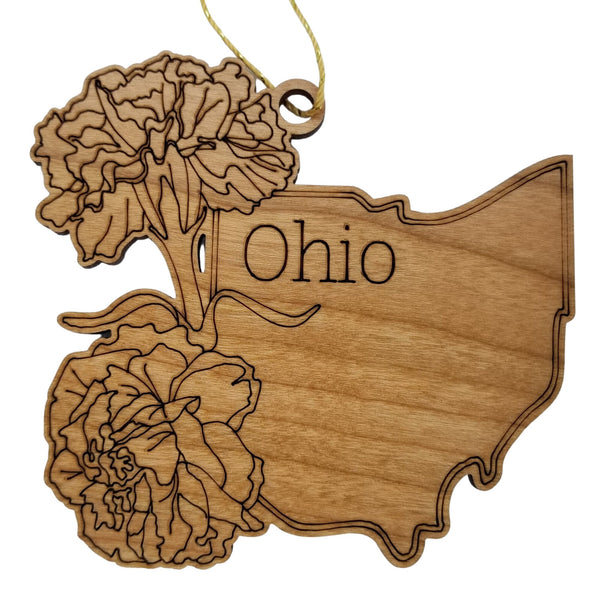 Ohio Wood Ornament -  OH State Shape with State Flowers Cutout - Handmade Wood Ornament Made in USA Christmas Decor