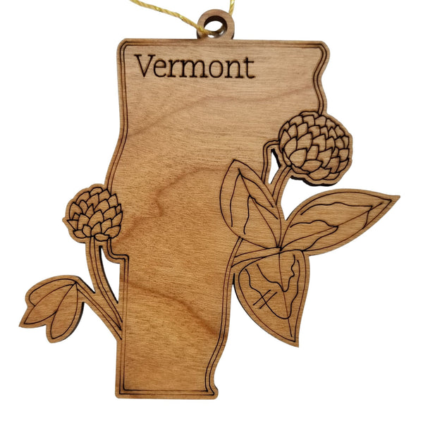 Vermont Wood Ornament -  State Shape with State Flowers Red Clover VT - Handmade Wood Ornament Made in USA Christmas Decor