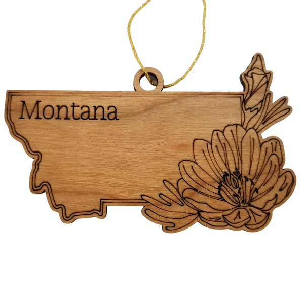 Montana Wood Ornament -  State Shape with State Flowers Bitterroot MT - Handmade Wood Ornament Made in USA Christmas Decor