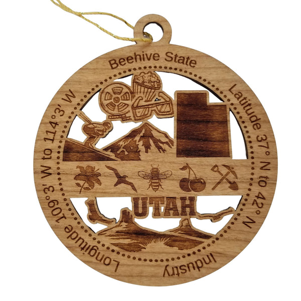 Utah Wood Ornament - UT Souvenir - Handmade Wood Ornament Made in USA State Shape Movie Theater Items Downhill Skiing Mountains Bee Cherry