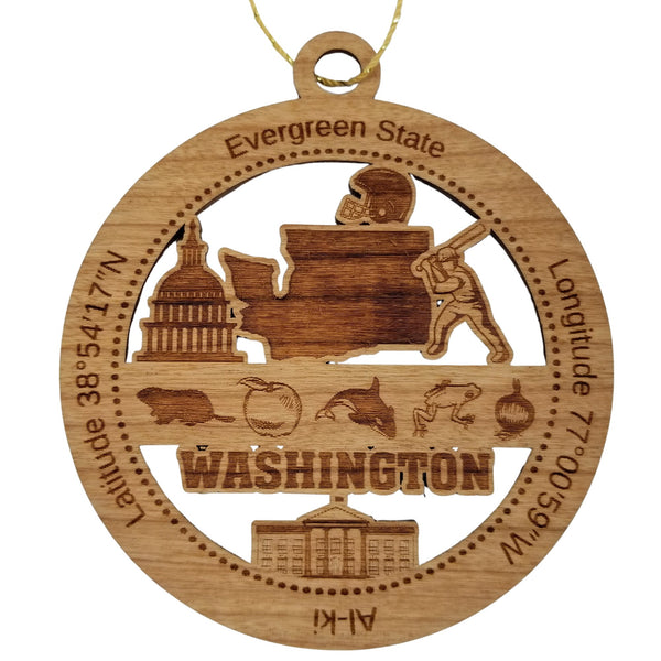 Washington Wood Ornament -  WA Souvenir  - Handmade Wood Ornament Made in USA State Shape Football Helmet Baseball Player Beaver Apple Orca