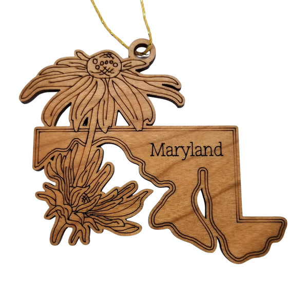 Maryland Wood Ornament -  MD State Shape with State Flowers Black Eyed Susan - Handmade Wood Ornament Made in USA Christmas Decor