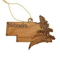 Nebraska Wood Ornament -  NE State Shape with State Flowers Solidago - Handmade Wood Ornament Made in USA Christmas Decor