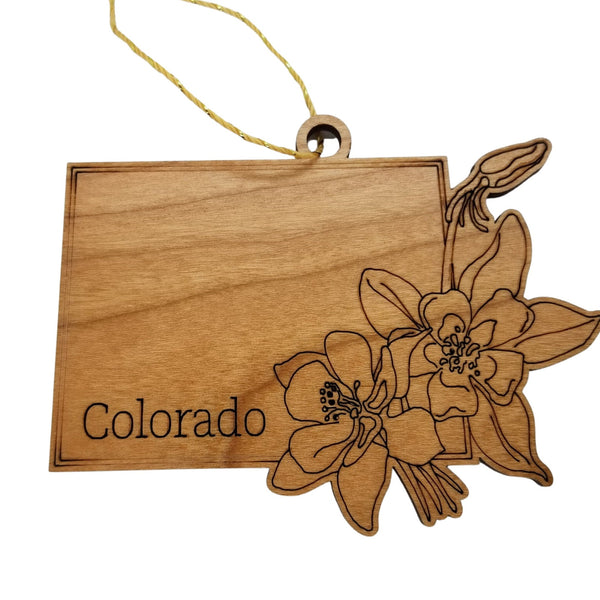 Colorado Wood Ornament -  CO State Shape with State Flowers Colorado Blue Colulmbine - Handmade Wood Ornament Made in USA Christmas Decor