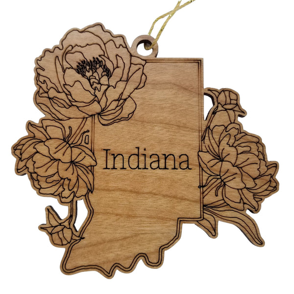 Indiana Wood Ornament -  IN State Shape with State Flowers Cutout - Handmade Wood Ornament Made in USA Christmas Decor