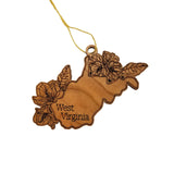 West Virginia Wood Ornament -  WV State Shape with State Flowers Rhododendron - Handmade Wood Ornament Made in USA Christmas Decor