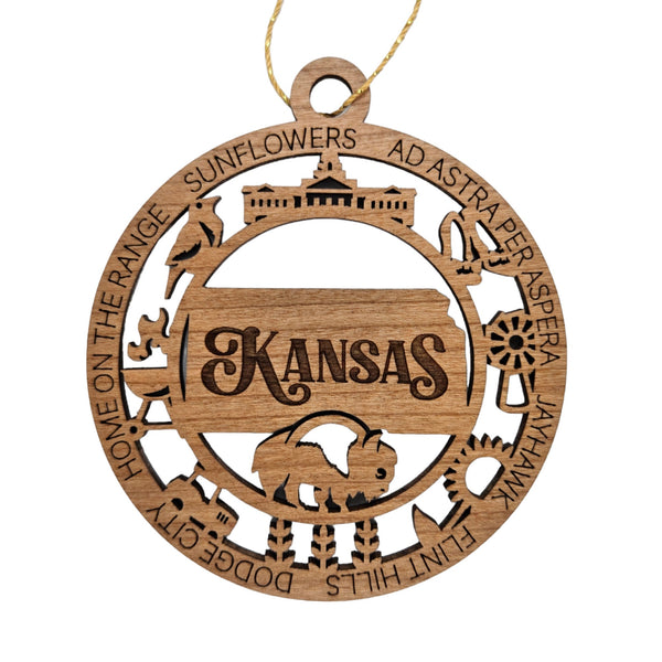 Kansas Wood Ornament -  KS Souvenir Handmade Wood Ornament Made in USA - State Shape - State Capitol - Western Meadowlark - Grill - Tractor