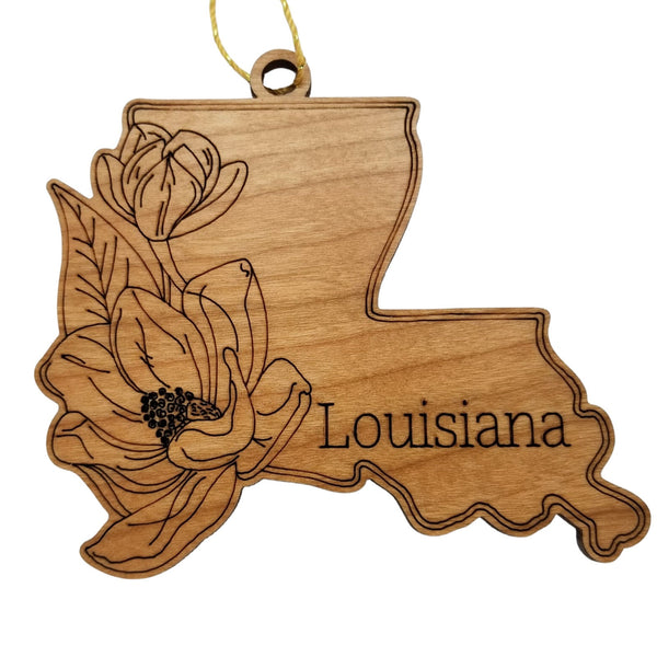 Louisiana Wood Ornament -  LA State Shape with State Flowers Magnolia Blossoms - Handmade Wood Ornament Made in USA Christmas Decor