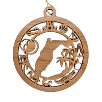 Florida Wood Ornament -  FL Souvenir  - Handmade Wood Ornament Made in USA State Shape Palm Trees Shell Sailboat Shuttle Flamingo Dolphin