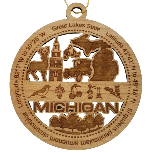 Michigan Wood Ornament - MI Souvenir - Handmade Wood Ornament Made in USA State Shape Deer Musical Notes Cherries