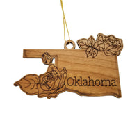 Oklahoma Wood Ornament -  OK State Shape with State Flowers Oklahoma Rose - Handmade Wood Ornament Made in USA Christmas Decor