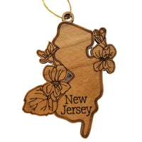 New Jersey Wood Ornament -  NJ State Shape with State Flowers Violets - Handmade Wood Ornament Made in USA Christmas Decor