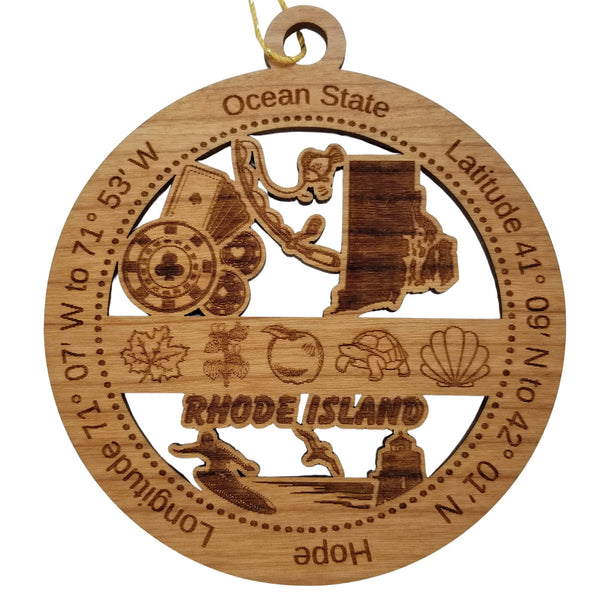 Rhode Island Wood Ornament -  RI Souvenir - Handmade Wood Ornament Made in USA State Shape Gambling Cards Fishing Pole Lighthouse Maple Leaf