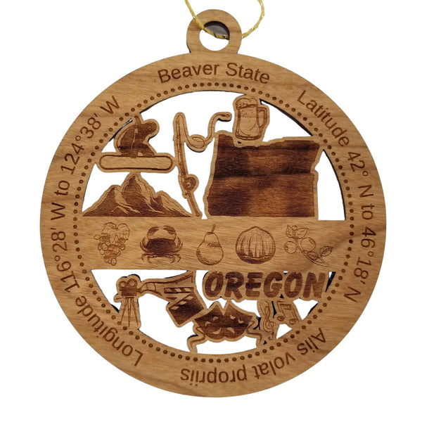 Oregon Wood Ornament - OR Souvenir - Handmade Wood Ornament Made in USA State Shape Snowboarder Fishing Pole Mountains Crab Movies