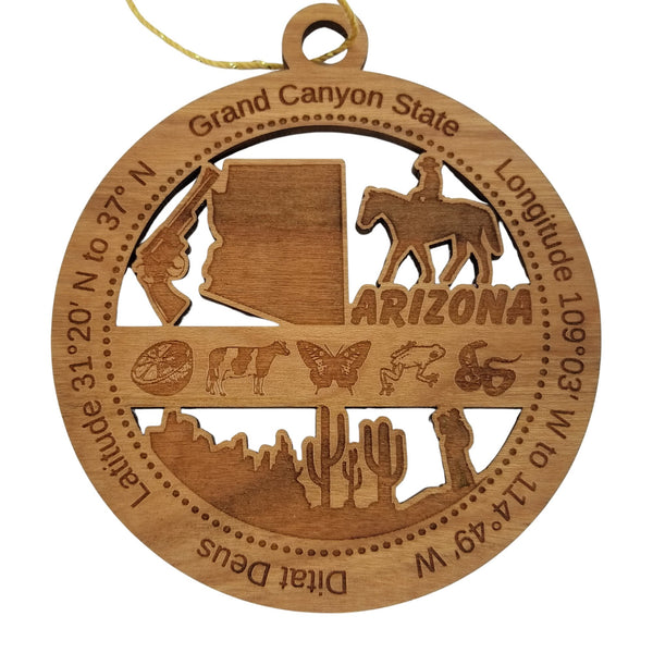 Arizona Wood Ornament - AZ Souvenir - Handmade Wood Ornament Made in USA State Shape Horse Cowboy Butterfly Rock Formations Cactus Cow