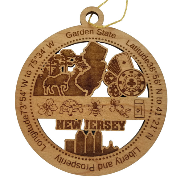 New Jersey Wood Ornament - NJ Souvenir - Handmade Wood Ornament Made in USA State Shape Horse Gambling Cards Poker Chips Bee Turtle