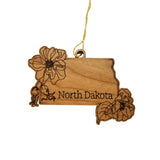 North Dakota Wood Ornament -  State Shape with State Flowers Prairie Rose ND - Handmade Wood Ornament Made in USA Christmas Decor