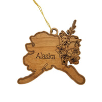 Alaska Wood Ornament -  AK State Shape with State Flowers Forget Me Nots - Handmade Wood Ornament Made in USA Christmas Decor