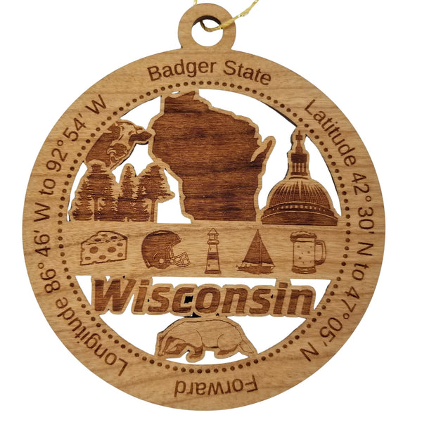 Wisconsin Wood Ornament - WI Souvenir - Handmade Wood Ornament Made in USA State Shape Cow Trees Cheese Football Helmet Beer
