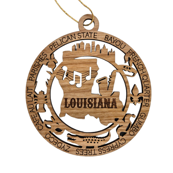 Louisiana Wood Ornament -  LA State Souvenir - Handmade Wood Ornament Made in USA State Shape Skyline Iris Flower Crawfish Mardis Gras Mask