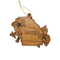 Georgia Wood Ornament -  GA State Shape with State Flowers Cherokee Rose - Handmade Wood Ornament Made in USA Christmas Decor