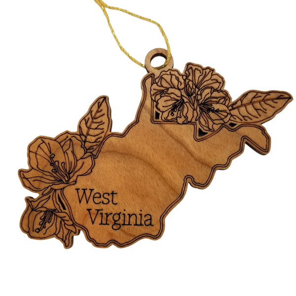 West Virginia Wood Ornament -  WV State Shape with State Flowers Rhododendron - Handmade Wood Ornament Made in USA Christmas Decor