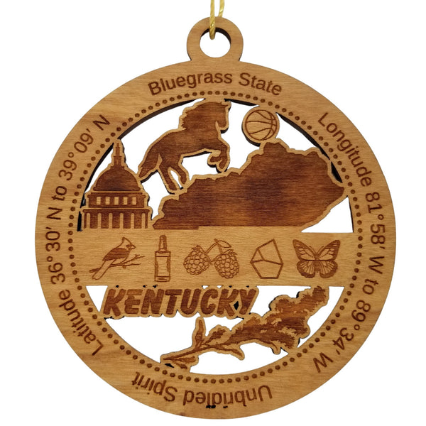 Kentucky Wood Ornament -  KY Souvenir - Handmade Wood Ornament Made in USA State Shape Horse Basketball Capitol Butterfly Cardinal