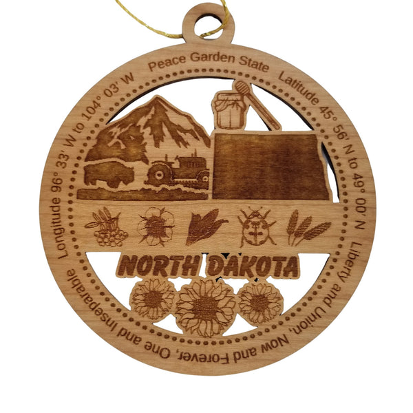 North Dakota Wood Ornament - ND Souvenir - Handmade Wood Ornament Made in USA State Shape Mountains Bison Tractor Honey Sunflowers